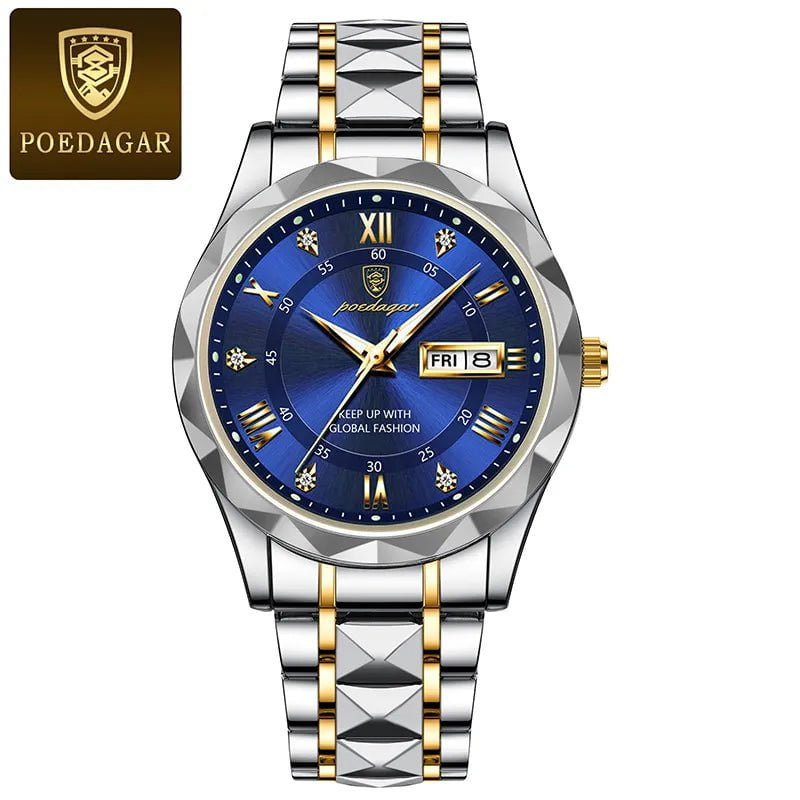 Storazone Gold Blue POEDAGAR Men Luxury Watches Stainless Steel Quartz Wrsitwatches Male Auto Date Clock with Luminous New Design Business Hands+box