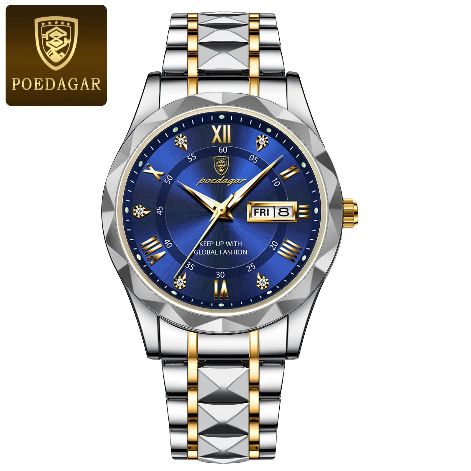 Storazone Gold Blue POEDAGAR Top Brand Luxury Man Wristwatch Waterproof Luminous Date Week Men Watches Stainless Steel Quartz Men's Watch Male reloj