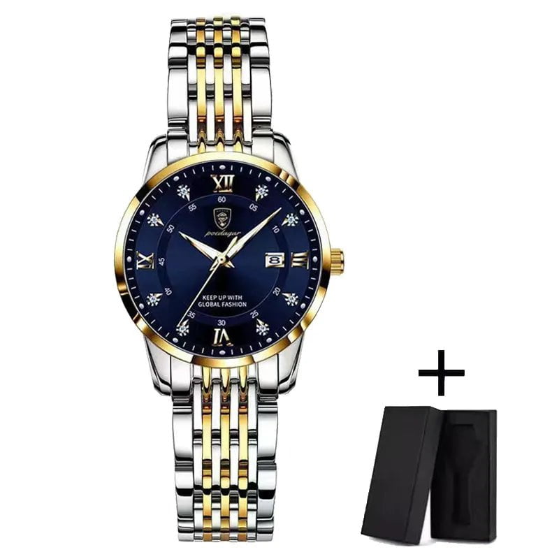 Storazone Gold Blue S POEDAGAR Women Watches Luxury Fashion Ladies Quartz Watch Waterproof Luminous Date Stainless Stain Wristwatch Girlfriend Gift