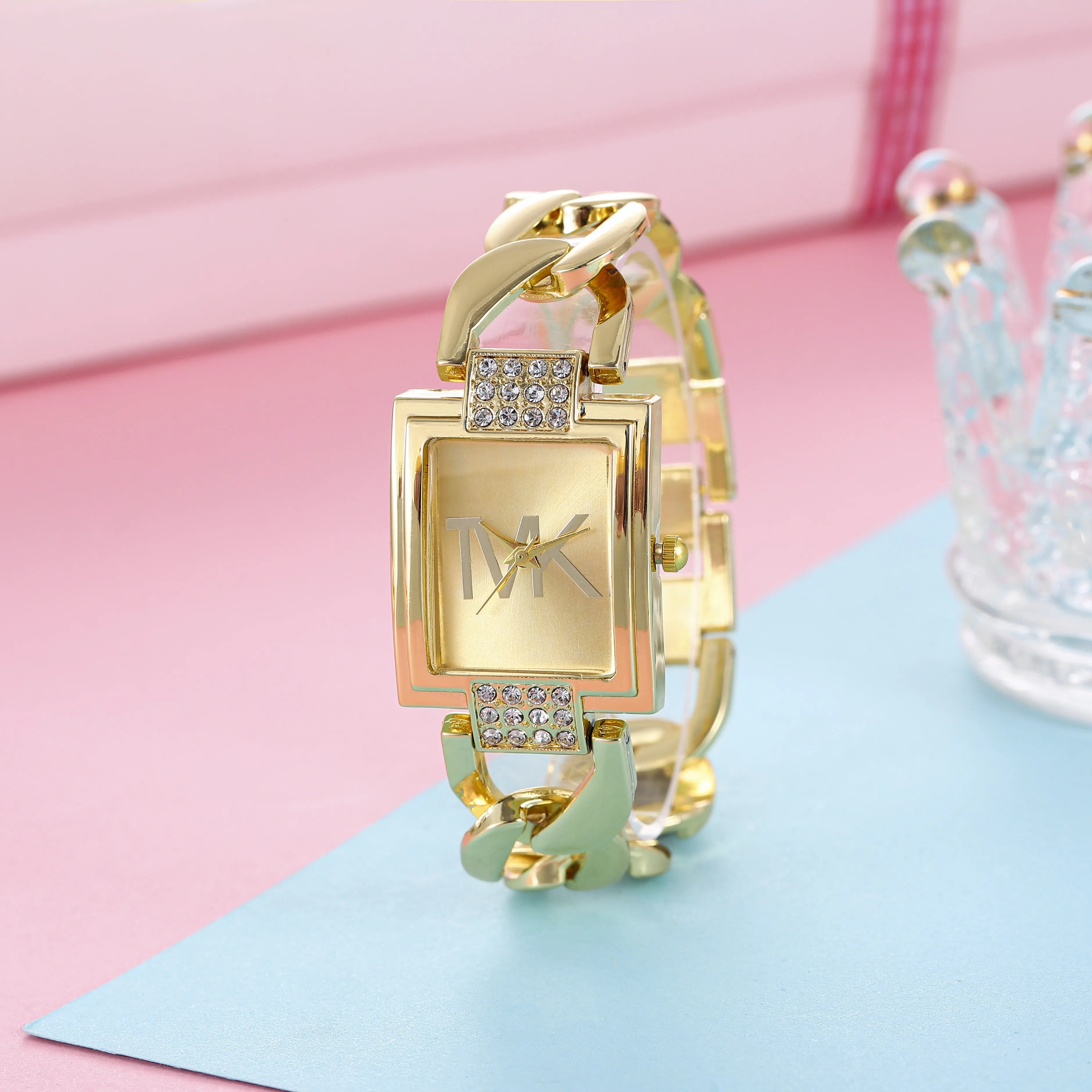 Storazone Gold / CHINA Luxury TVK Brand New Women's Watch Fashionable Temperament Style Metal Strap Square Quartz Women's Watch Clock