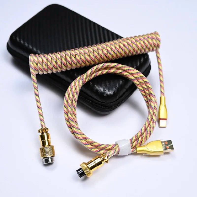 Storazone gold color / 1.8m Coiled Keyboard Cable USB C for Mechanical Gaming Keyboard Double-Sleeved Wire with Detachable Metal Aviator Connector Charging