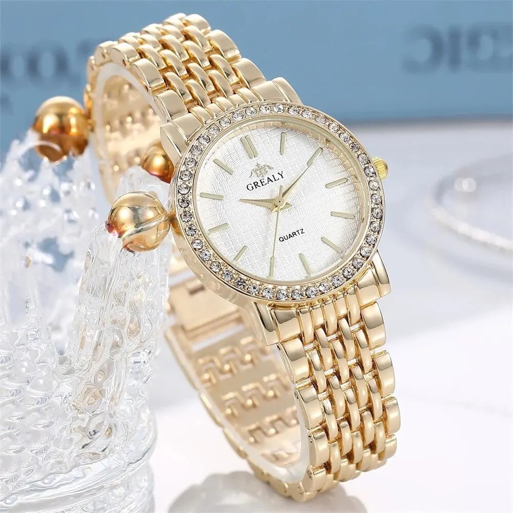 Storazone Gold Exquisite Women Quartz Watch Business Fashion Casual Round Rhinestone Quartz Watch Gift For Friends Family