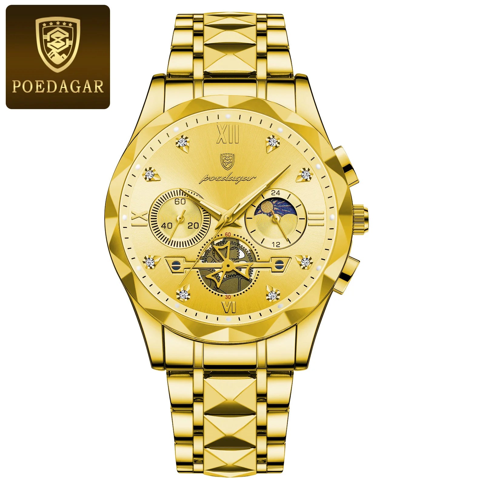 Storazone Gold Gold POEDAGAR Luxury Man Wristwatch Waterproof Luminous Chronograph Watch for Men Stainless Steel Men's Quartz Watches reloj hombre