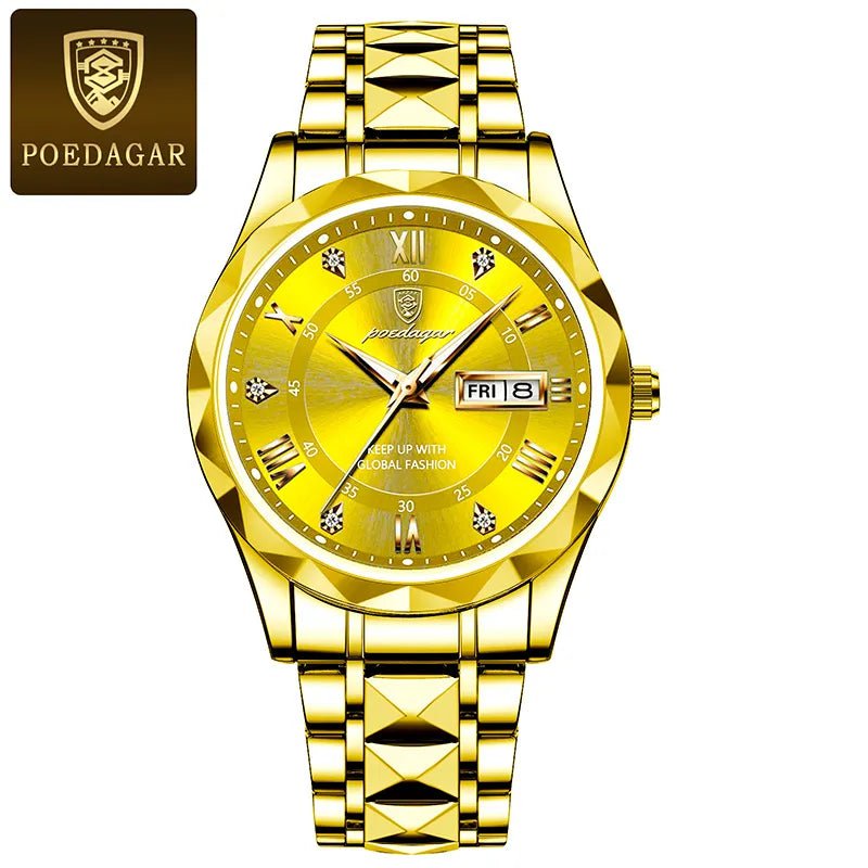 Storazone Gold Gold POEDAGAR Men Luxury Watches Stainless Steel Quartz Wrsitwatches Male Auto Date Clock with Luminous New Design Business Hands+box