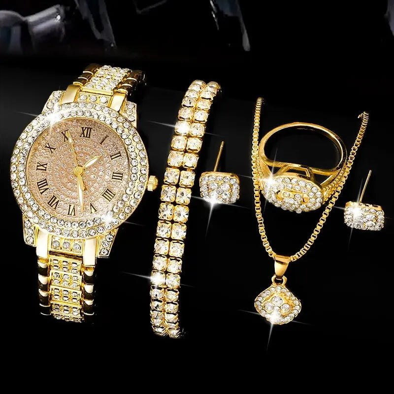 Storazone Gold Golden Watch Women Ring Necklace Earrings Rhinestone Fashion Wristwatch Female Casual Ladies Watches Bracelet Set Clock