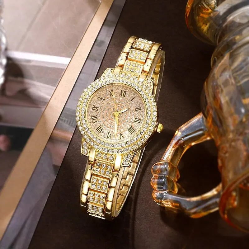 Storazone Gold Golden Watch Women Ring Necklace Earrings Rhinestone Fashion Wristwatch Female Casual Ladies Watches Bracelet Set Clock
