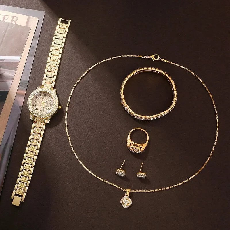 Storazone Gold Golden Watch Women Ring Necklace Earrings Rhinestone Fashion Wristwatch Female Casual Ladies Watches Bracelet Set Clock