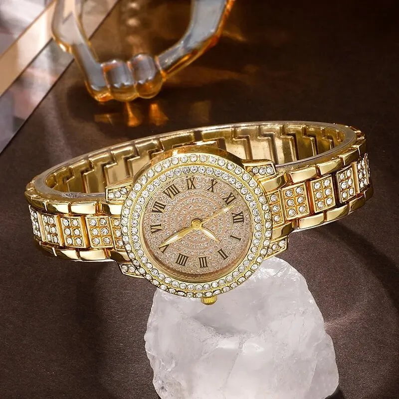 Storazone Gold Golden Watch Women Ring Necklace Earrings Rhinestone Fashion Wristwatch Female Casual Ladies Watches Bracelet Set Clock