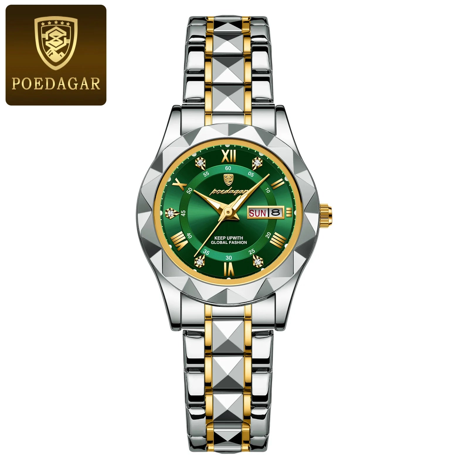 Storazone Gold Green POEDAGAR Luxury Ladies Dress Watch Luminous Waterproof Week Date Woman Wristwatch Stainless Steel Women Quartz Watches reloj+box