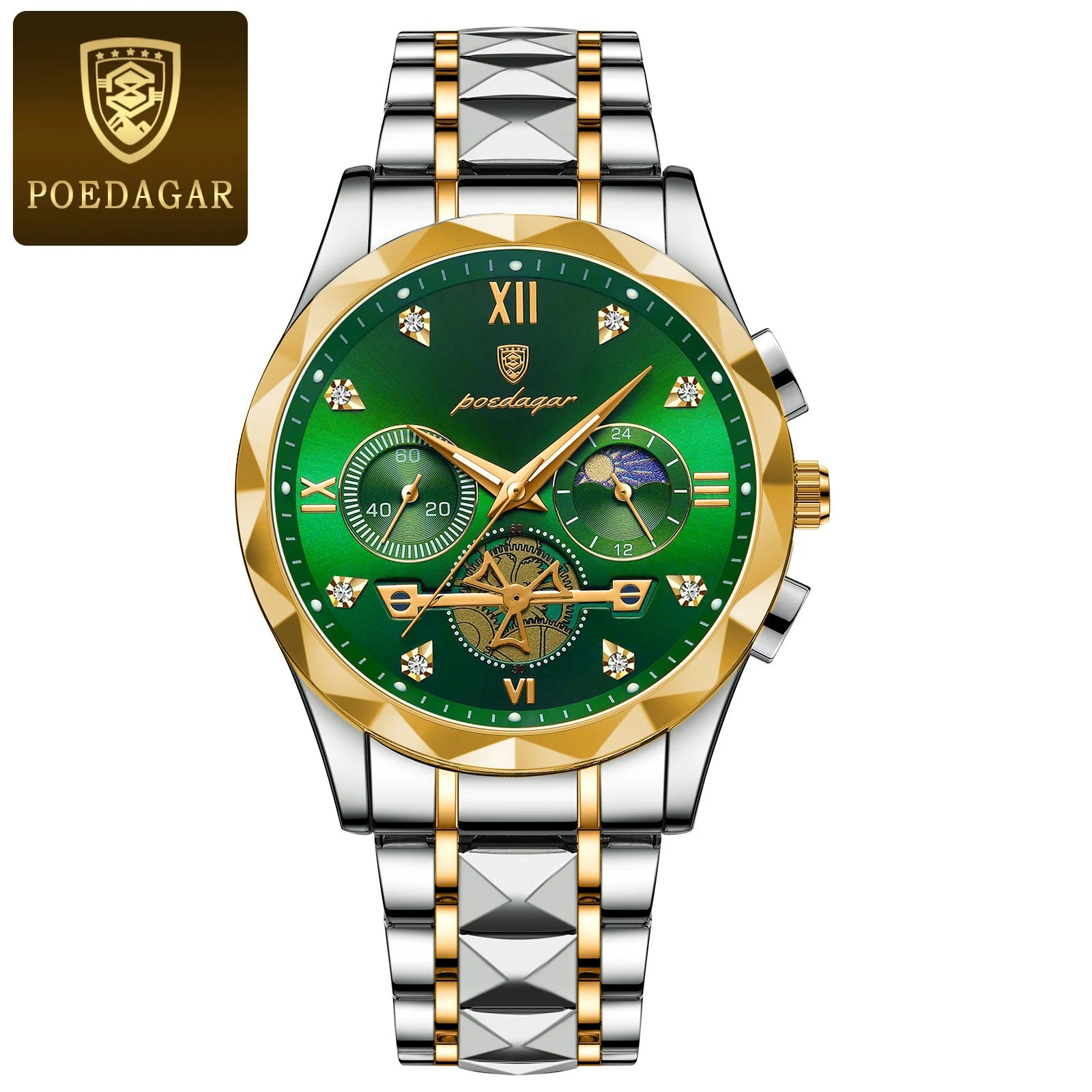 Storazone Gold Green POEDAGAR Luxury Man Wristwatch Waterproof Luminous Chronograph Watch for Men Stainless Steel Men's Quartz Watches reloj hombre