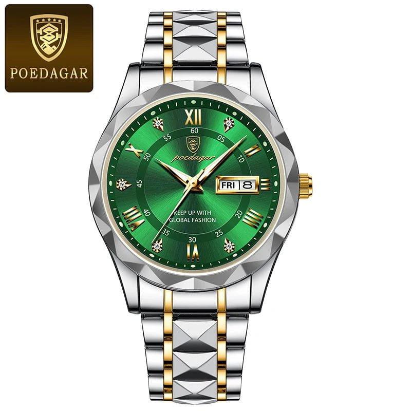 Storazone Gold Green POEDAGAR Men Luxury Watches Stainless Steel Quartz Wrsitwatches Male Auto Date Clock with Luminous New Design Business Hands+box