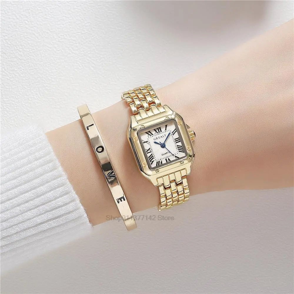 Storazone gold or bracelet 2023 Luxury Women's Fashion Square Watches Gold Alloy Strap Ladies Quartz Wristwatches Qualities Female Roman Scale Clock