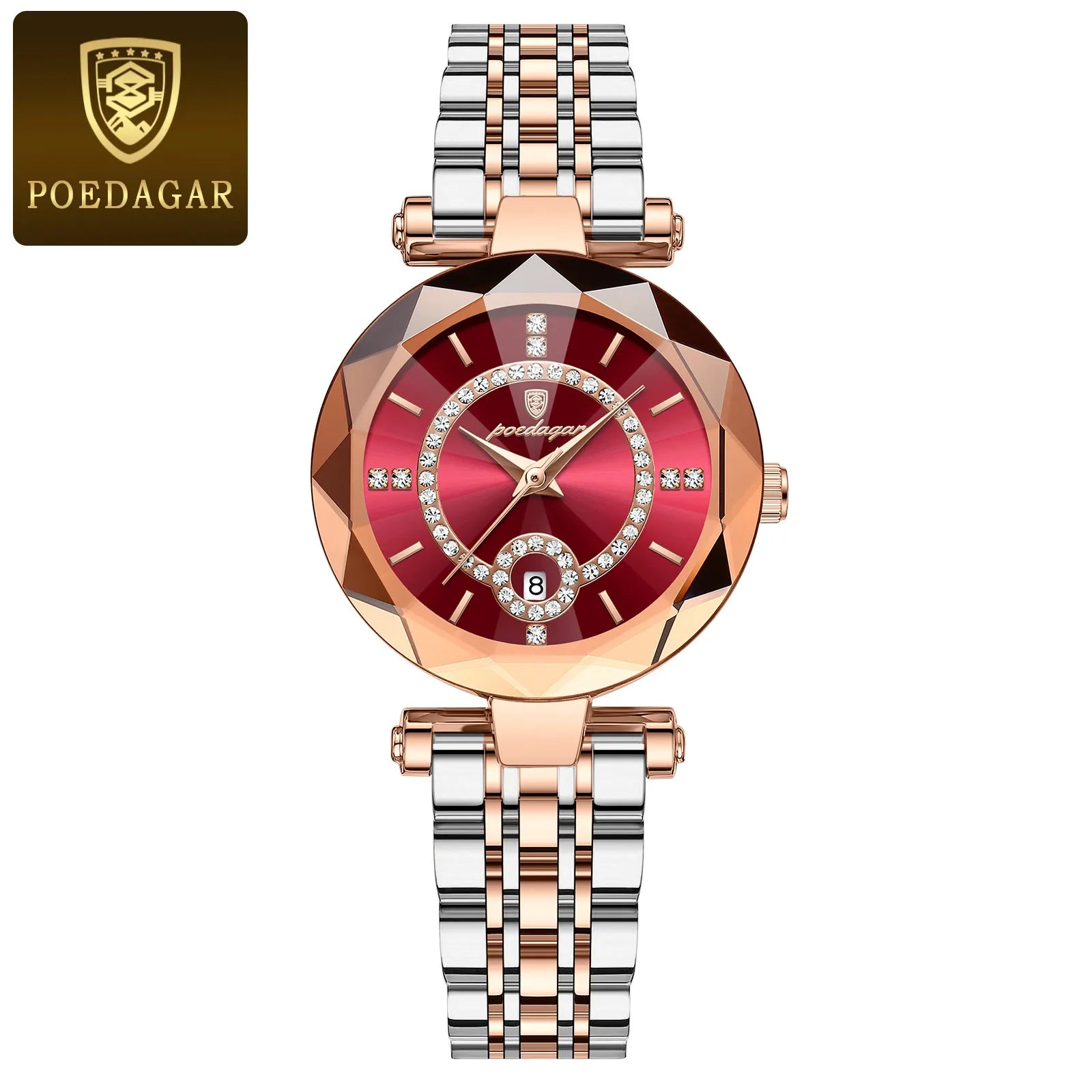 Storazone Gold Red POEDAGAR Luxury Watch For Woman High Quality Diamond Ladies Quartz Watch Waterproof Date Stainless Steel Women Watches reloj+box