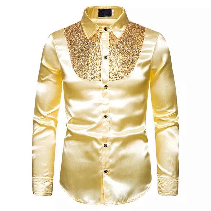 Storazone Gold / S / Pack of 1 2022 New Men's Shirt Sequined Performance Nightclub Men's Host MC Men's Lapel Long Sleeve Solid Color Shirt Mens Dress Shirts