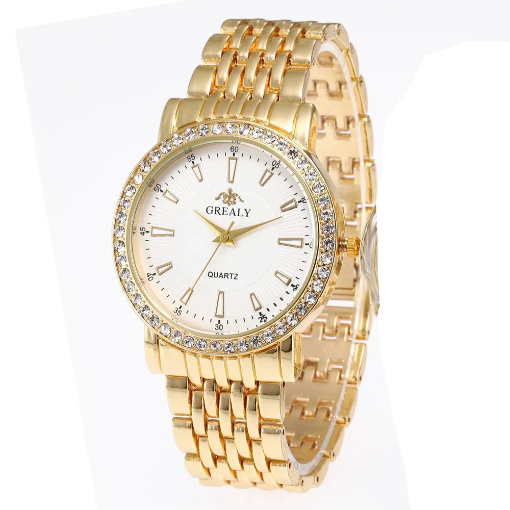 Storazone Gold White Big / CHINA New Casual Watches Women Luxury Fashion Lovers Watch Rhinestone Stainless steel Quartz Watch Men Women Gift Business Wristwatch