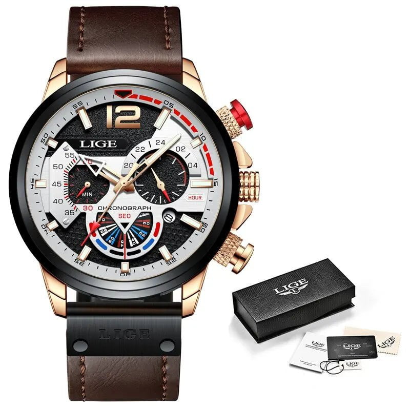 Storazone gold white LIGE Fashion Watch Man Luxury Chronograph Sport Mens Watches Quartz Wristwatches Leather Male Waterproof Clock Relogio Masculino