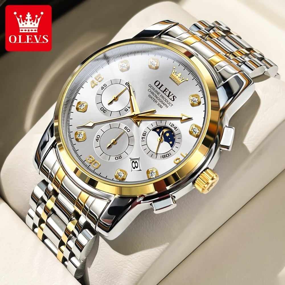 Storazone Gold white OLEVS Luxury Watch for Men Original High Quality Man Quartz Wristwatches Waterproof Moon Phase Design Men's Watches Reloj Hombre