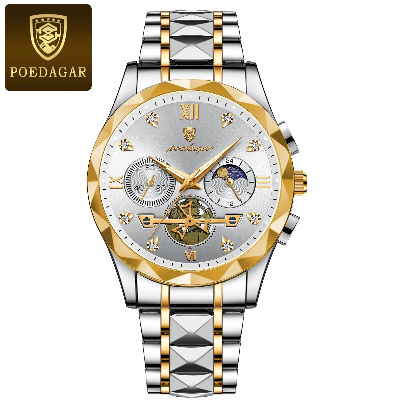 Storazone Gold White POEDAGAR Luxury Man Wristwatch Waterproof Luminous Chronograph Watch for Men Stainless Steel Men's Quartz Watches reloj hombre