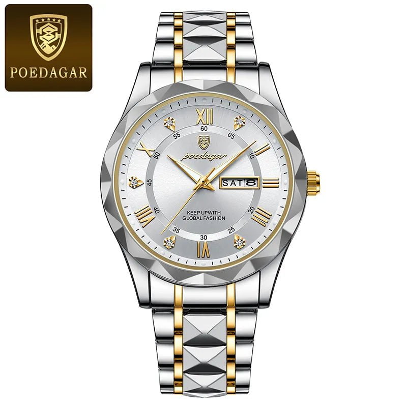 Storazone Gold White POEDAGAR Men Luxury Watches Stainless Steel Quartz Wrsitwatches Male Auto Date Clock with Luminous New Design Business Hands+box