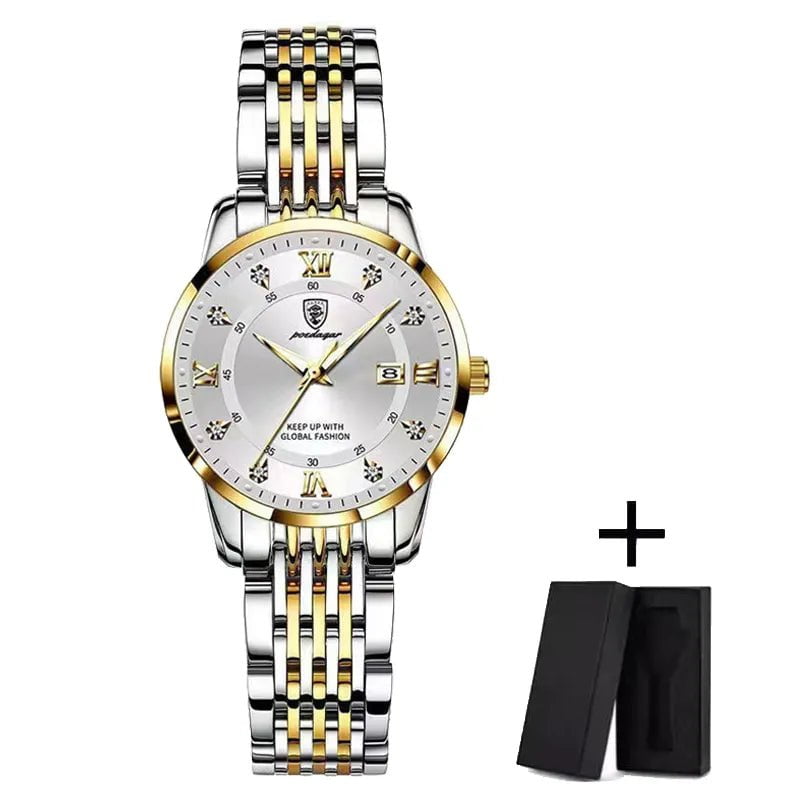 Storazone Gold White S POEDAGAR Women Watches Luxury Fashion Ladies Quartz Watch Waterproof Luminous Date Stainless Stain Wristwatch Girlfriend Gift