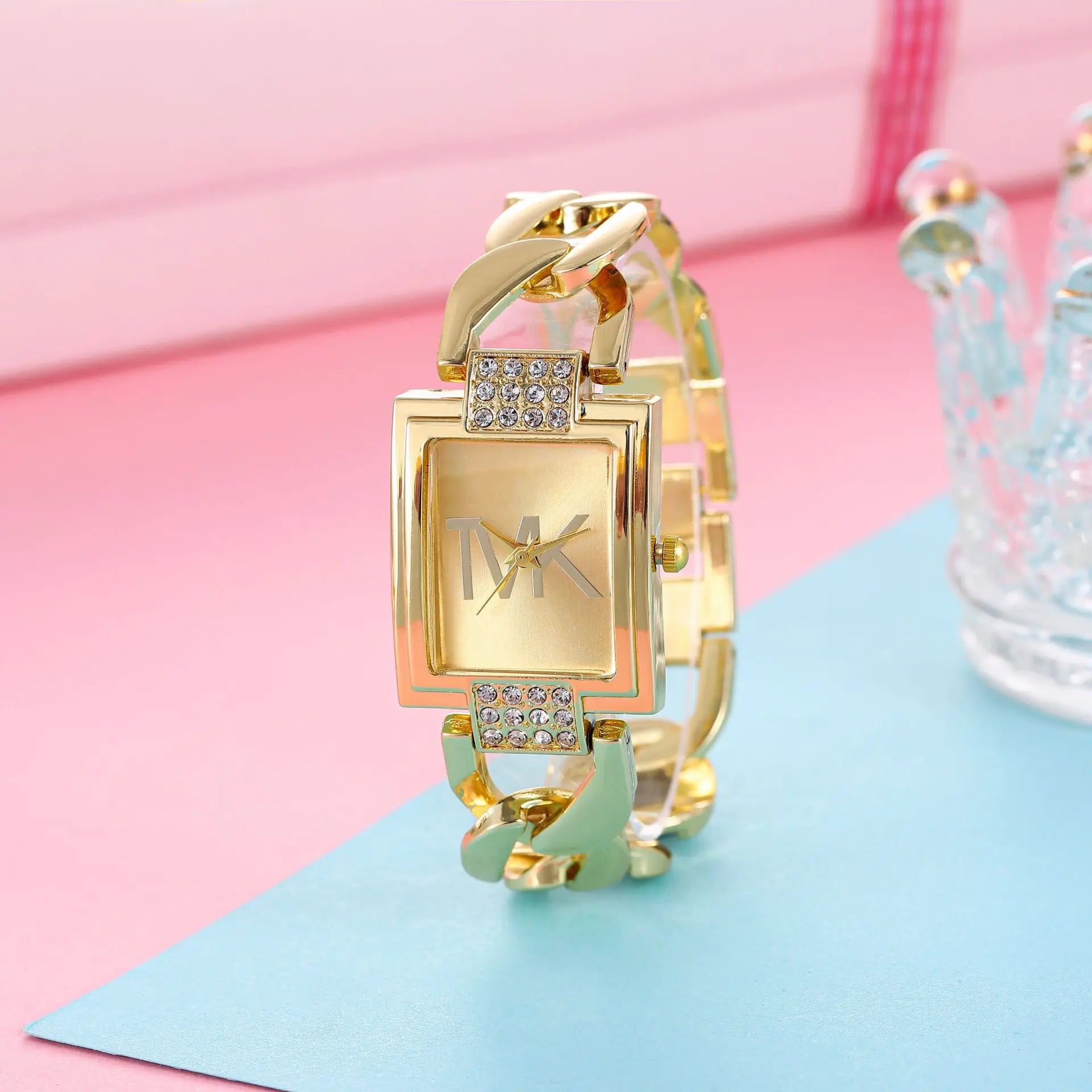 Storazone Gold Women Square Quartz Watch Diamond Setting Gold Black Fashion Casual Stainless Steel Ladies Watch