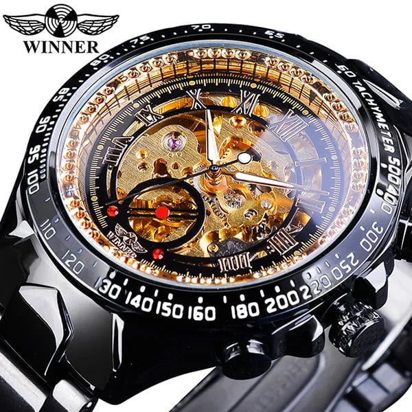 Storazone Golden Black Winner Mechanical Sport Design Bezel Fashion Watch Mens Watches Top Brand Luxury Montre Homme Clock Men Automatic Skeleton Watch