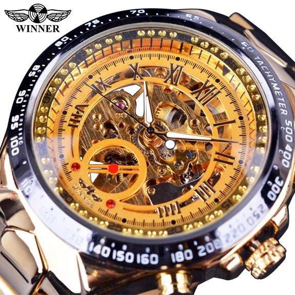 Storazone Golden Winner Mechanical Sport Design Bezel Fashion Watch Mens Watches Top Brand Luxury Montre Homme Clock Men Automatic Skeleton Watch