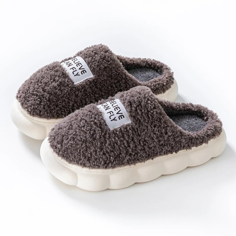 Storazone GRAY / 40-41 Thick Sole Home Indoor Outside Men And Women Couples Winter Household Warm Fluffy Slippers High Heels Plush Cotton Shoes Ladies