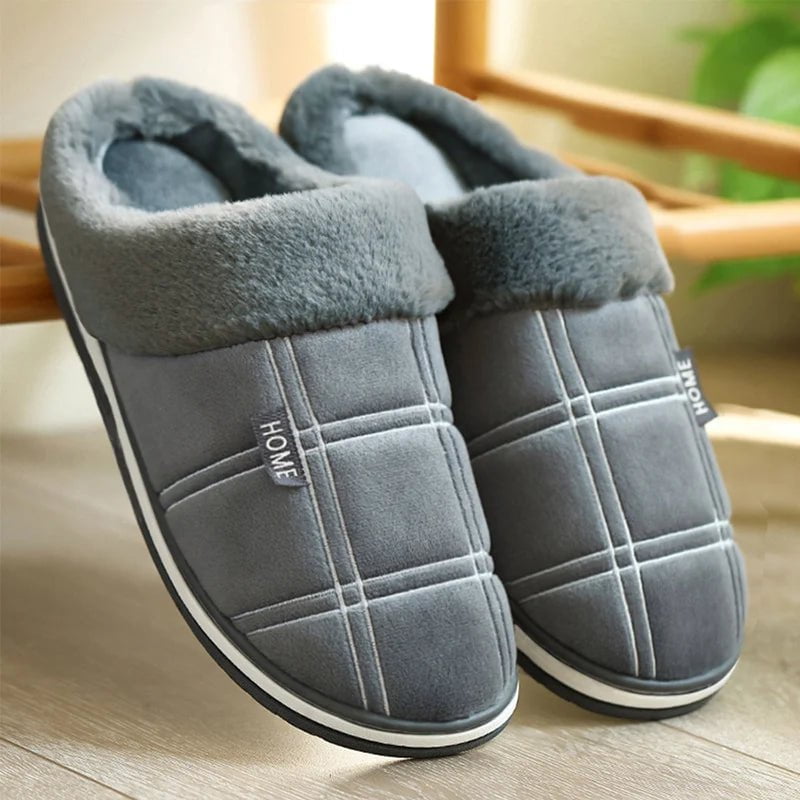 Storazone gray / 42-43(25.1-26CM) Large size 50-51 Plaid House Slippers for Man Memory Foam Winter Plush Indoor Male Shoes Warm Home Slippers 2023 Non Slip Black