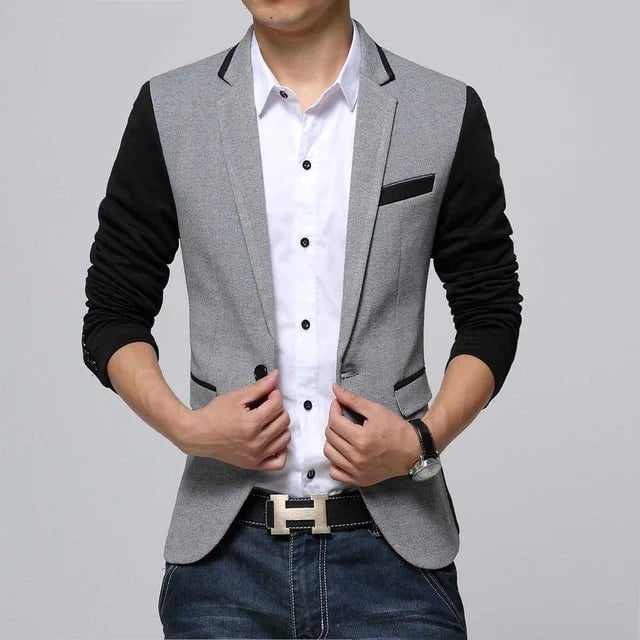 Storazone GRAY / 6XL New Slim Fit Casual jacket Cotton Men Blazer Jacket Single Button Gray Mens Suit Jacket Autumn Patchwork Coat Male Suite