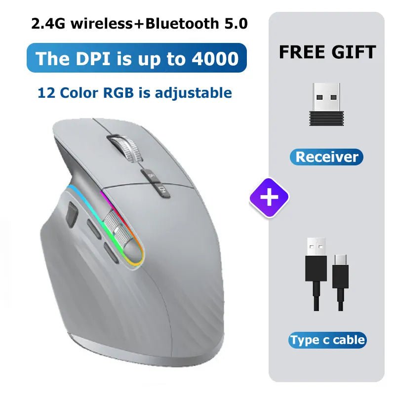 Storazone gray Bluetooth +2.4G Wireless Mouse Rechargeable 12 Colors RGB LED Gaming Mouse Ergonomic Mice for Gamer Computer Laptop iPad