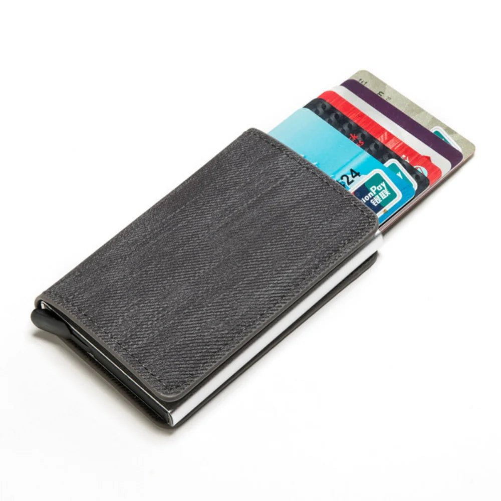 Storazone Gray Denim Credit Card Holder Men Wallet RFID Blocking Protected Aluminium Box PU leather Wallets with Money Clip Designer pasjeshouder