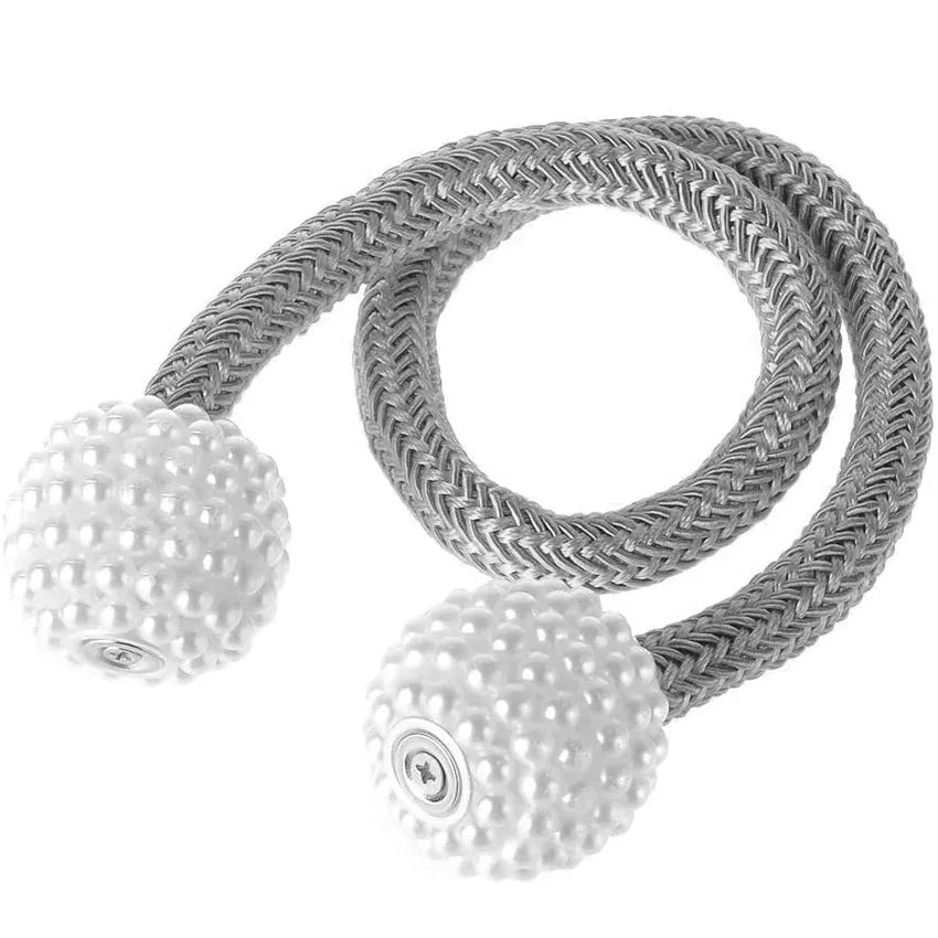 Storazone Gray Magnetic Curtain Tiebacks Pearl Ball Home Curtain Buckle European Decoration Weave Clips Rope Straps Holder for Big Drapries