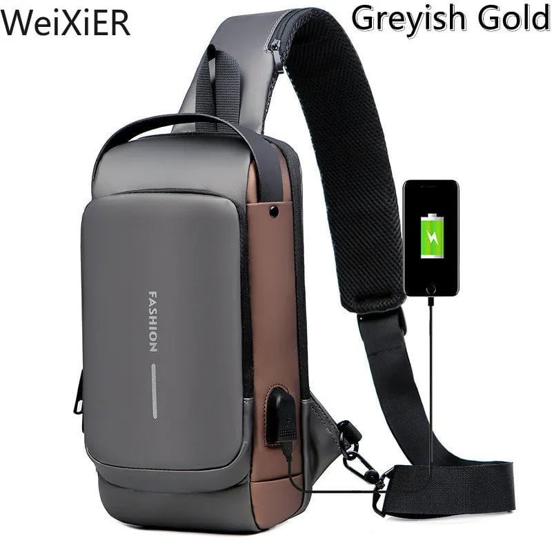 Storazone Gray Newest Men Anti Theft Chest Bag Shoulder USB Charging Crossbody Package School Short Trip Messengers Gym Men's Sling Sports Pack