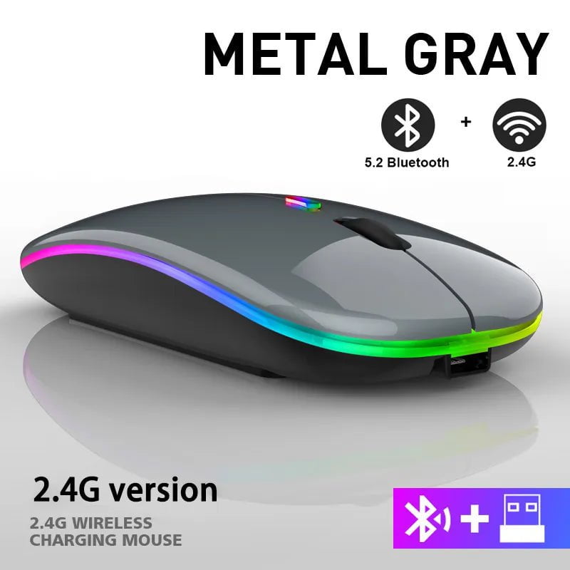 Storazone Gray Wireless Mouse RGB Rechargeable Bluetooth Mice Wireless Computer Mause LED Backlit Ergonomic Gaming Mouse for Laptop PC 3600DPI