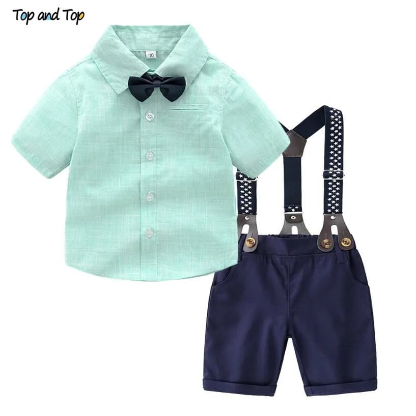 Storazone green / 12M Baby Boy Gentleman Clothes Set Summer Suit For Toddler Striped Shirt with Bow Tie+Suspenders White Shorts Formal Boys Clothes