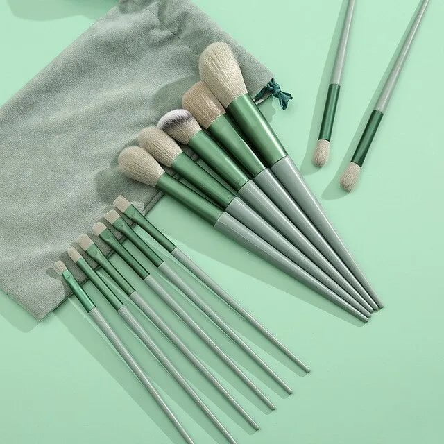 Storazone Green 13 PCS Makeup Brushes Set Eye Shadow Foundation Women Cosmetic Brush Eyeshadow Blush Beauty Soft Make Up Tools Bag