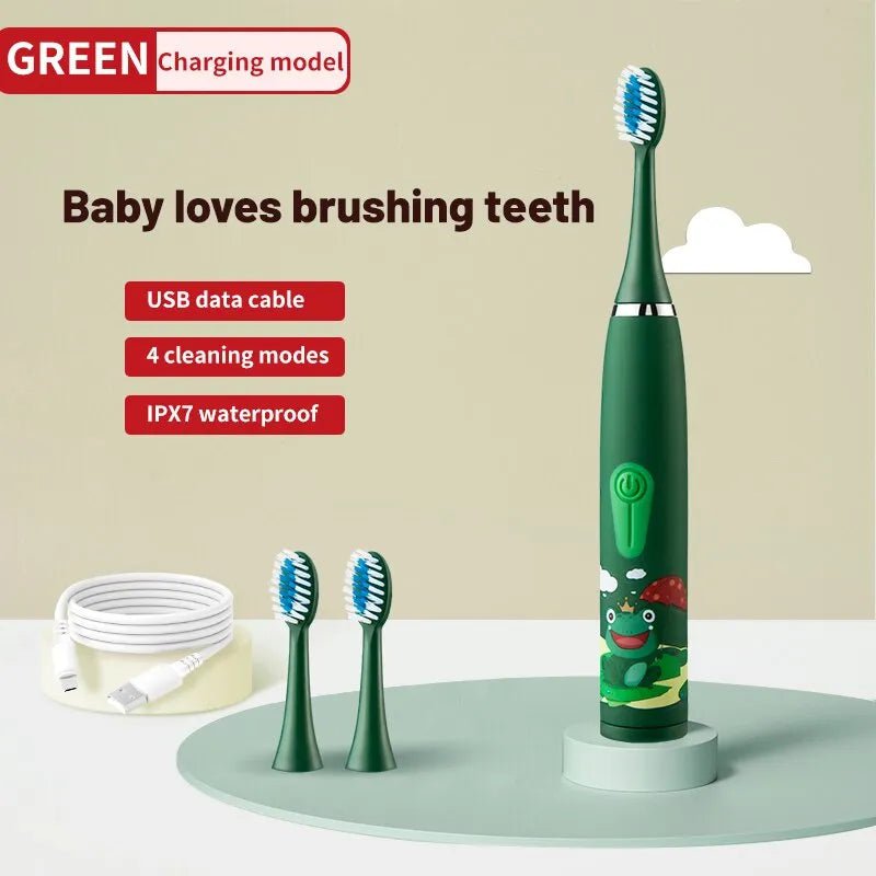 Storazone Green 3 Head Children's Electric Toothbrush Colorful Cartoon With Replacement Heads Ultrasonic Rechargeable Soft Hair Cleaning Brush for Kids