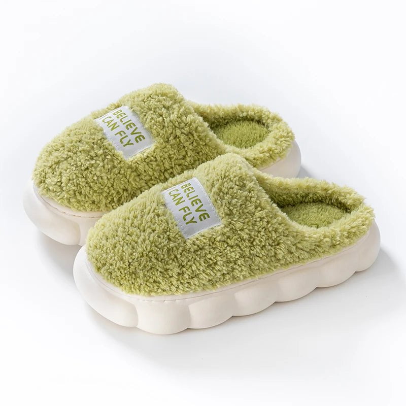 Storazone green / 36-37 Thick Sole Home Indoor Outside Men And Women Couples Winter Household Warm Fluffy Slippers High Heels Plush Cotton Shoes Ladies