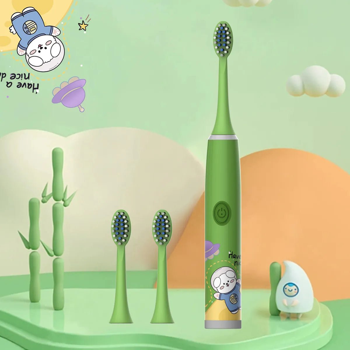 Storazone Green-3PCS Children's electric toothbrush color cartoon ultrasonic children's soft hair cleaning brush (without batteries)