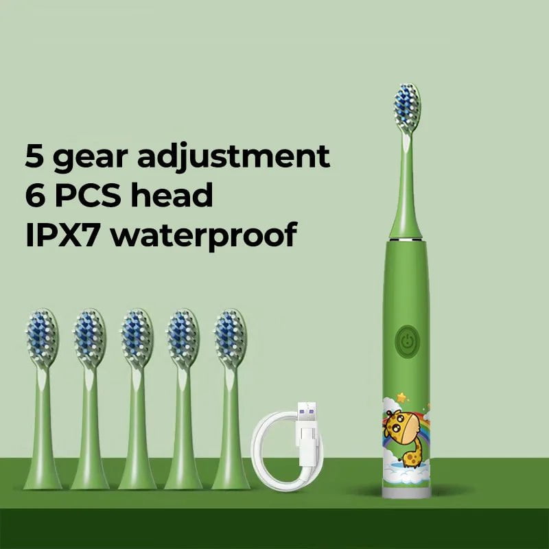 Storazone Green  6 Head Children Sonic Electric Toothbrush Colorful Cartoon For Kids Rechargeable Soft Fur Automatic Waterproof With Replacement Head