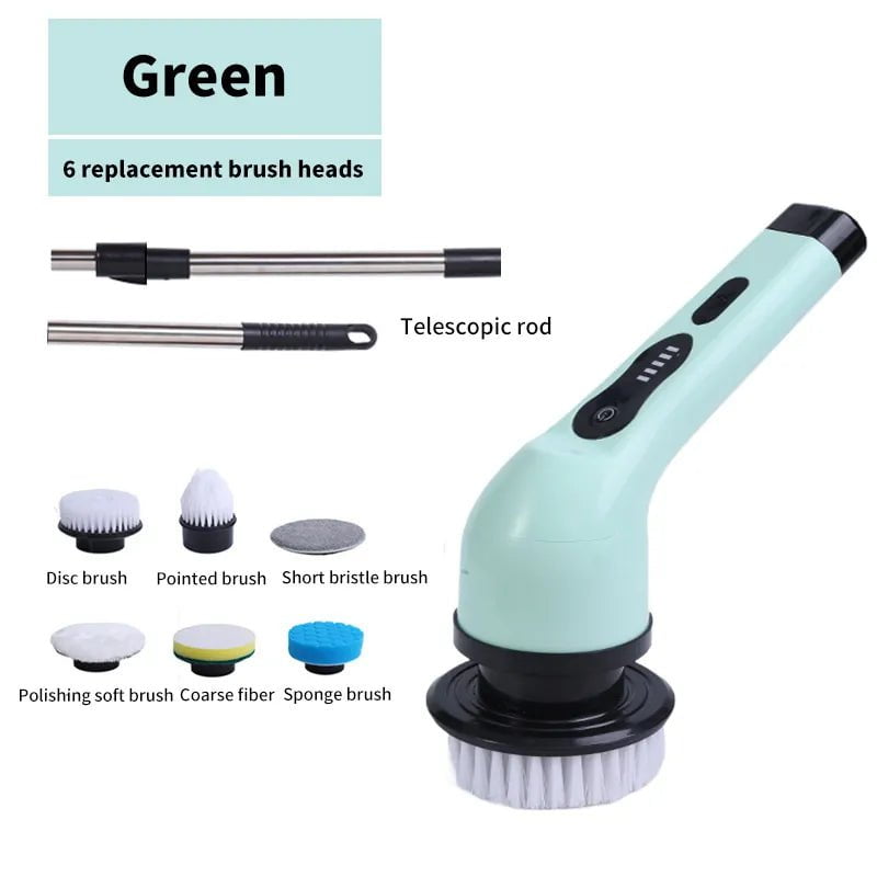 Storazone Green 6 heads 9-in-1 Electric Cleaning Brush Electric Spin Cleaning Scrubber Electric Cleaning Tools Parlour Kitchen Bathroom Cleaning Gadgets