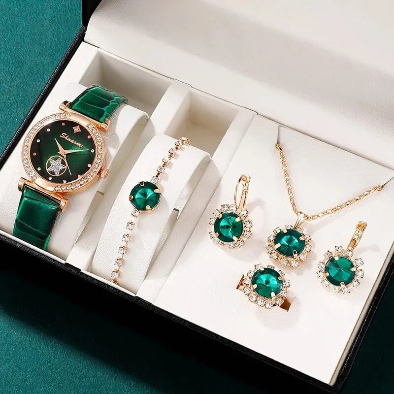 Storazone Green 6PCS Set Green Luxury Quartz Watch Women Ring Necklace Earring Rhinestone Fashion Wristwatch Casual Ladies Bracelet Watches