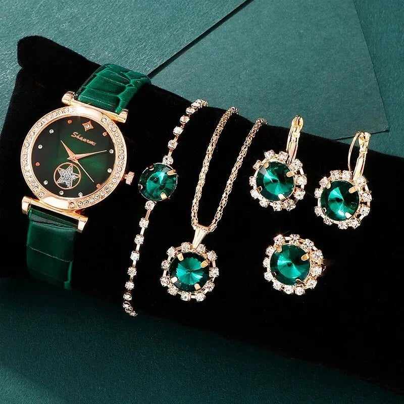 Storazone Green 6PCS Set Green Luxury Quartz Watch Women Ring Necklace Earring Rhinestone Fashion Wristwatch Casual Ladies Bracelet Watches