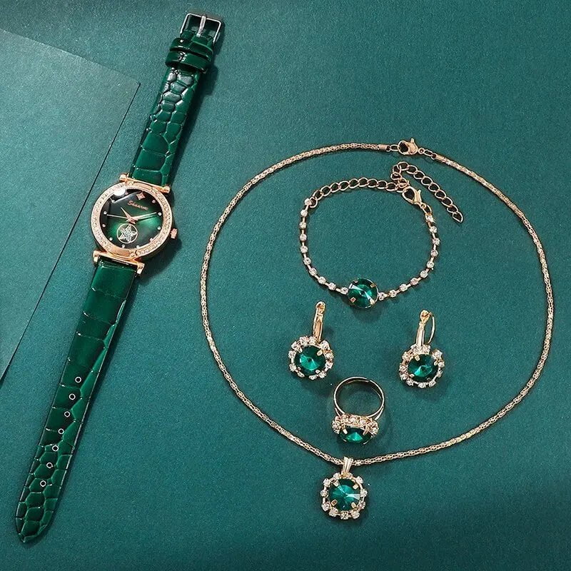 Storazone Green 6PCS Set Green Luxury Quartz Watch Women Ring Necklace Earring Rhinestone Fashion Wristwatch Casual Ladies Bracelet Watches