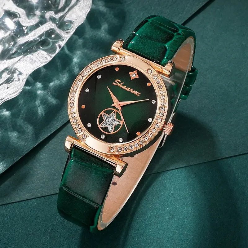 Storazone Green 6PCS Set Green Luxury Quartz Watch Women Ring Necklace Earring Rhinestone Fashion Wristwatch Casual Ladies Bracelet Watches