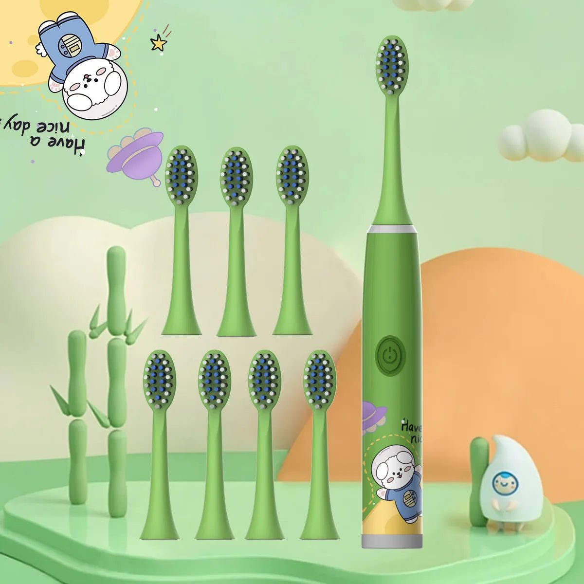 Storazone Green-8PCS Children's electric toothbrush color cartoon ultrasonic children's soft hair cleaning brush (without batteries)