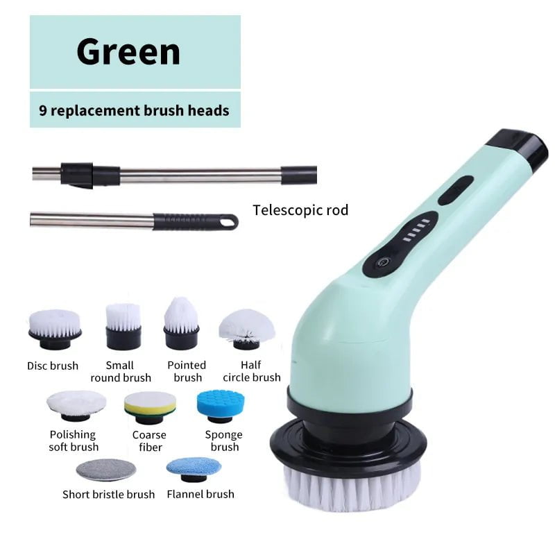 Storazone Green 9 heads 9-in-1 Electric Cleaning Brush Electric Spin Cleaning Scrubber Electric Cleaning Tools Parlour Kitchen Bathroom Cleaning Gadgets