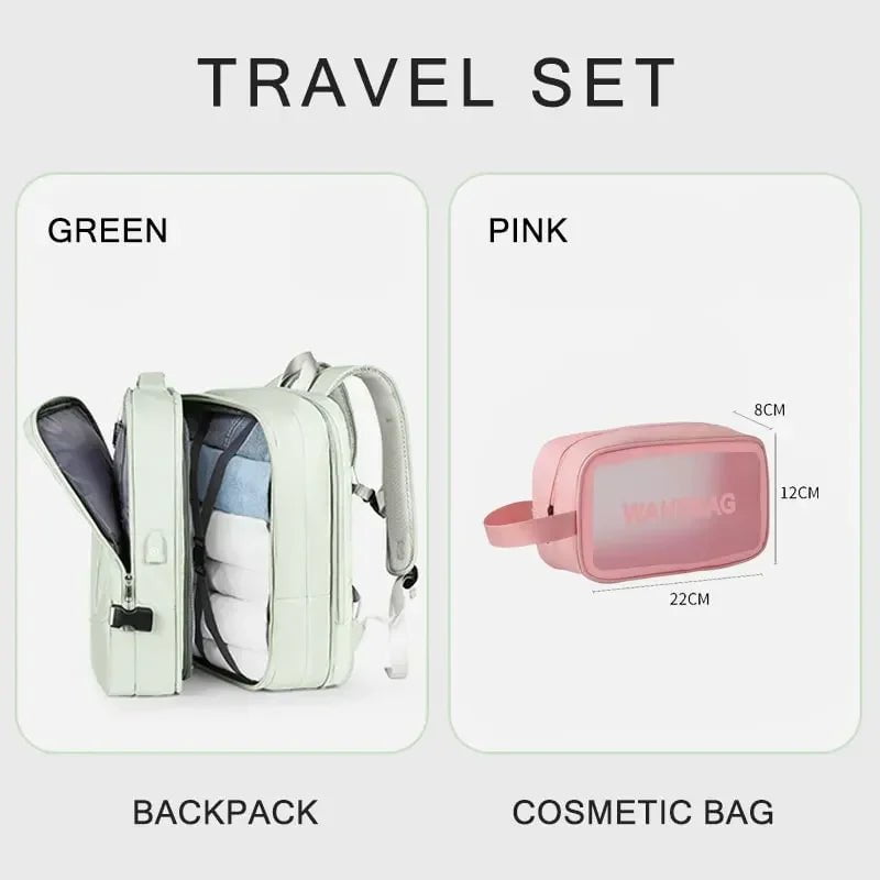 Storazone Green A set 02pk / CHINA Extendible Travel Backpack Unisex Laptop Bag Women Large Luggage Bags Men's Students Business Trip USB Charge Mochila XA299C