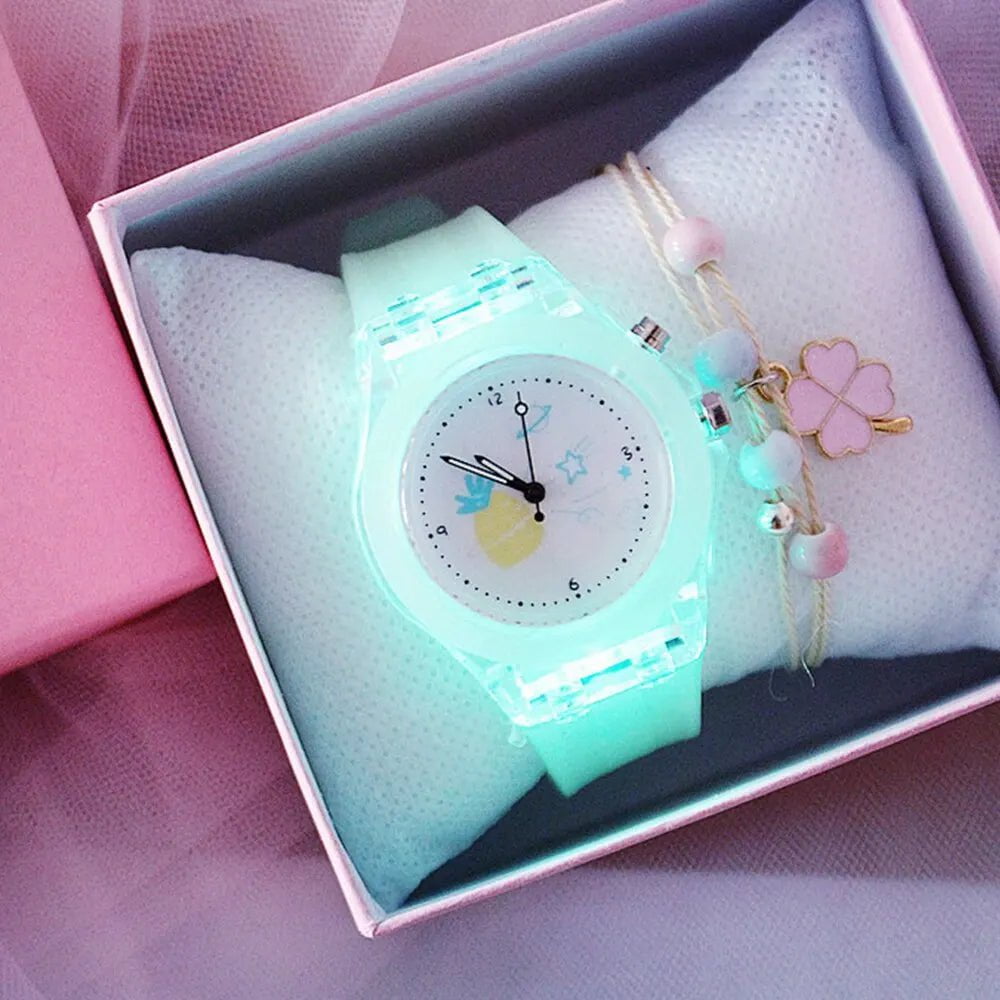 Storazone green Girls Kids Children Luminous Student Colorful LED Light Women Lady Clock Silica Gel Watermelon Quartz Wrist Watch